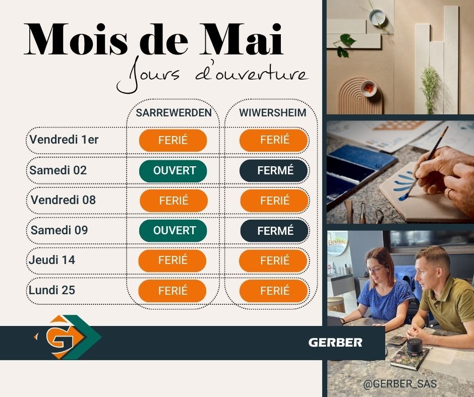 Mois de MAI : Jours d'ouverture / fermeture