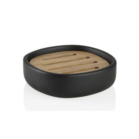 Porte savon en céramique noir et bois d'acacia Porte savon en céramique noir et bois d'acacia