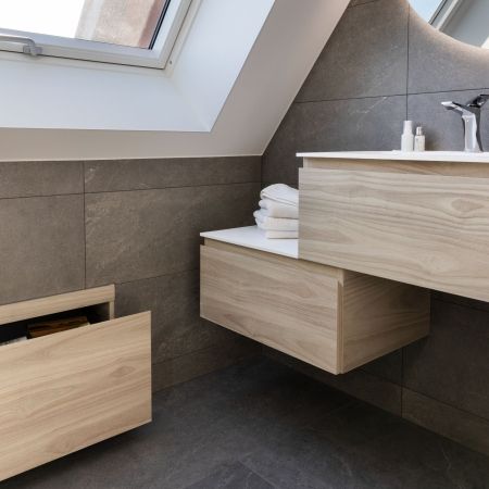 Rénovation salle d’eau moderne à Dossenheim | Douche 90x160 & Carrelage effet pierre