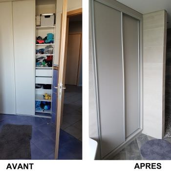 Modernisation d'une salle de bain beige et taupe