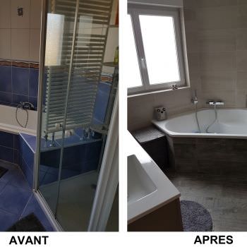 Modernisation d'une salle de bain beige et taupe