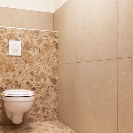 Habillage des murs et sols des sanitaires, local ménage et crédence cuisine avec RR 08 Oken et EY 02 Desert Stone à Bettborn Habillage des murs et sols des sanitaires, local ménage et crédence cuisine avec RR 08 Oken et EY 02 Desert Stone à Bettborn