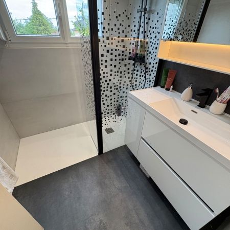 Rénovation contemporaine : contraste noir et blanc et douche grand format