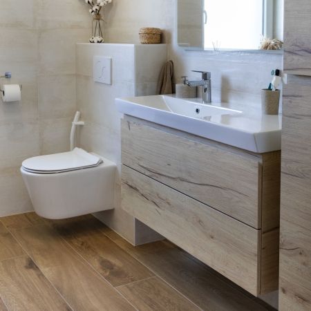 Salle de bain bois et beige
